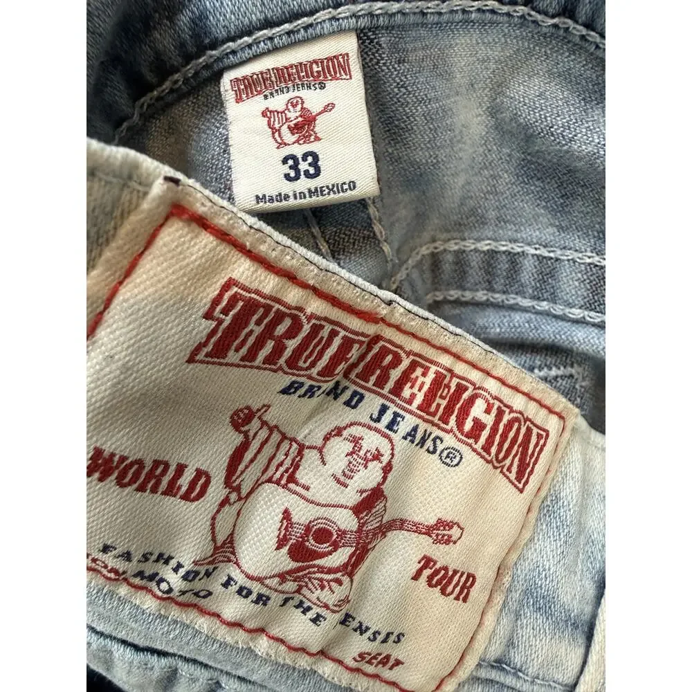 True Religion Men's Moto Biker Jeans Light Acid Wash Size 33x32 Y2K Streetwear